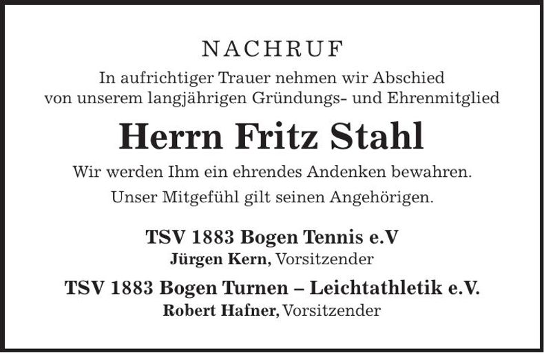 Traueranzeige Fritz Stahl