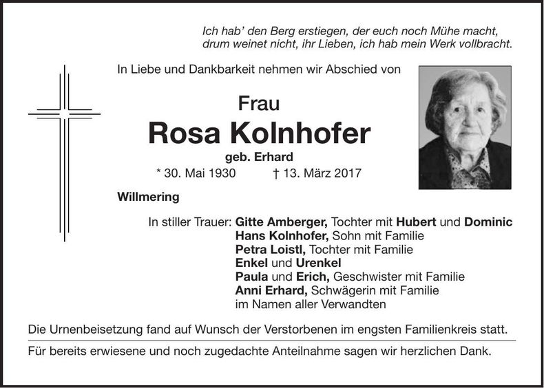 Traueranzeige Rosa Kolnhofer