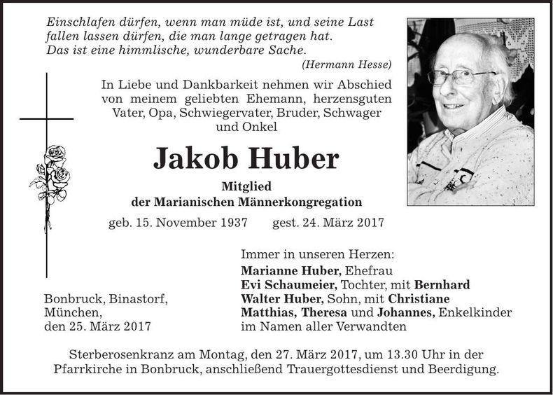 Traueranzeige Jakob Huber