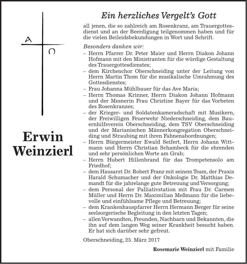 Traueranzeige Erwin Weinzierl