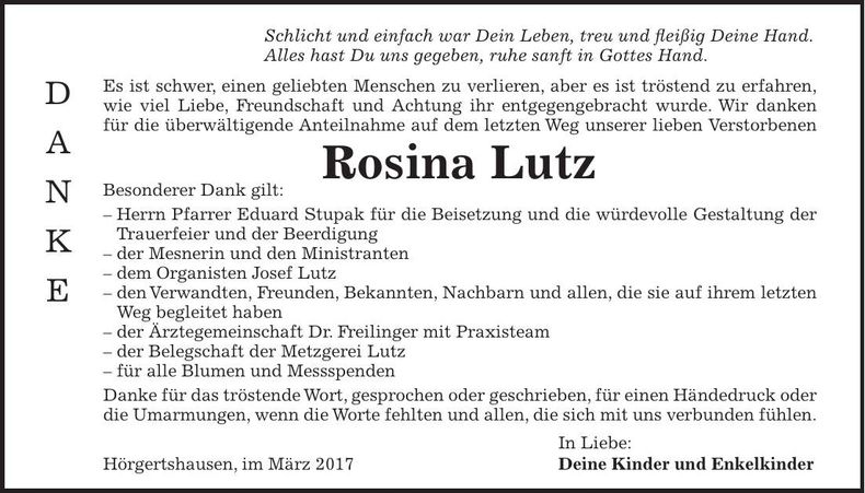 Traueranzeige Rosina Lutz