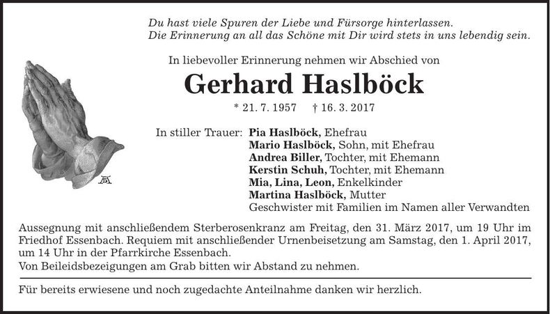 Traueranzeige Gerhard Haslböck