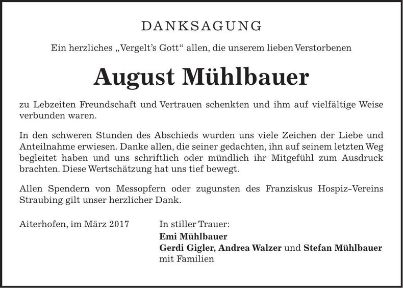 Traueranzeige August Mühlbauer
