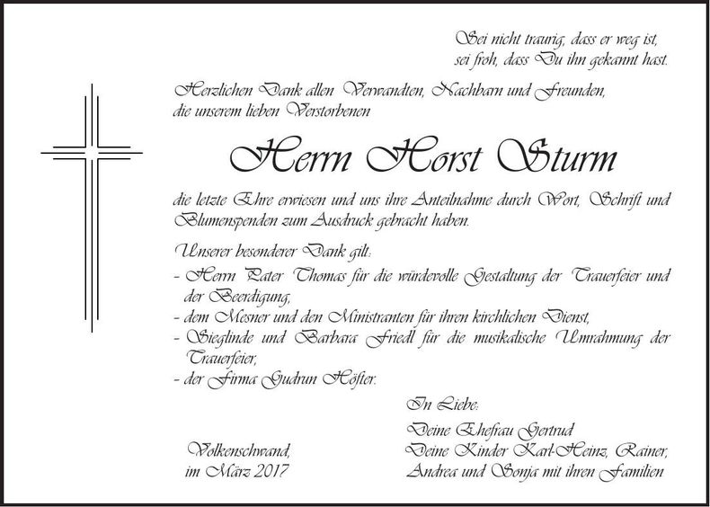 Traueranzeige Horst Sturm