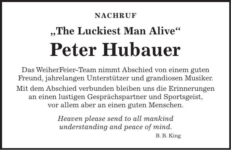 Traueranzeige Peter Hubauer