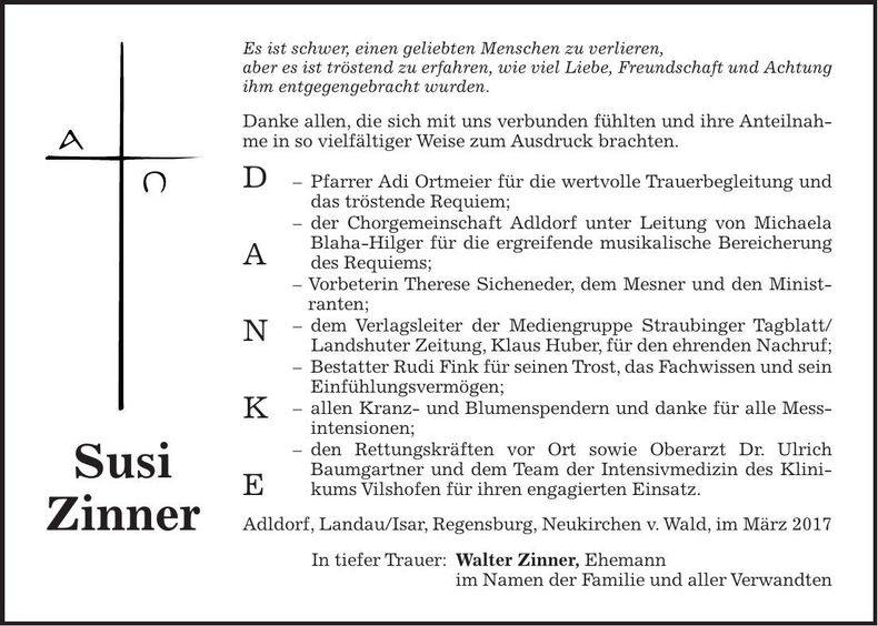 Traueranzeige Susi Zinner