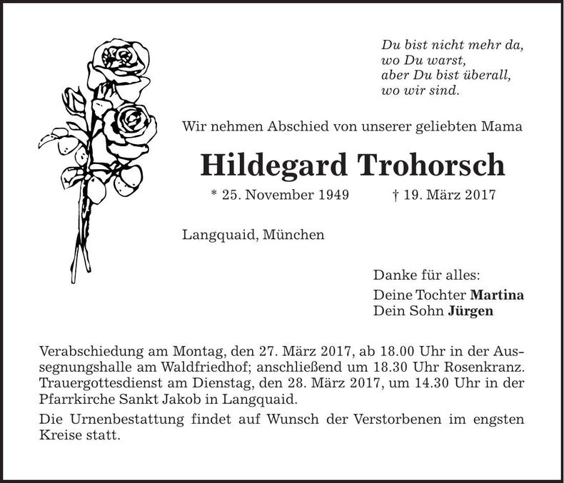 Traueranzeige Hildegard Trohorsch