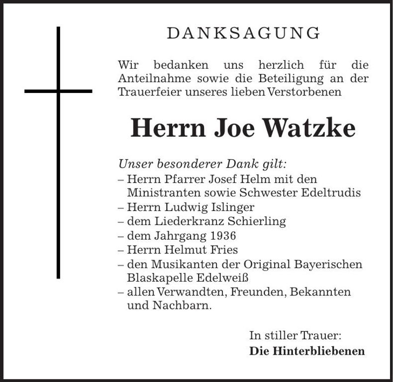 Traueranzeige Joe Watzke