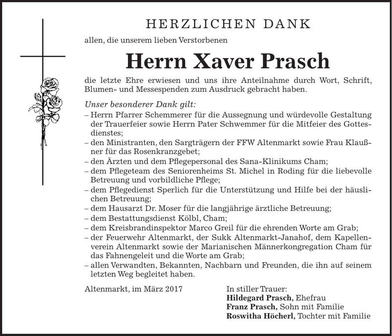 Traueranzeige Xaver Prasch
