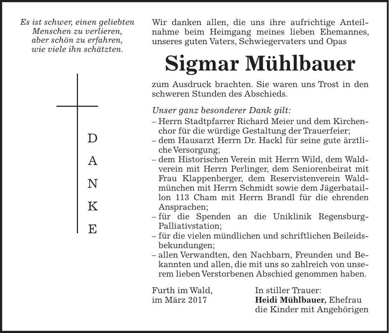 Traueranzeige Sigmar Mühlbauer