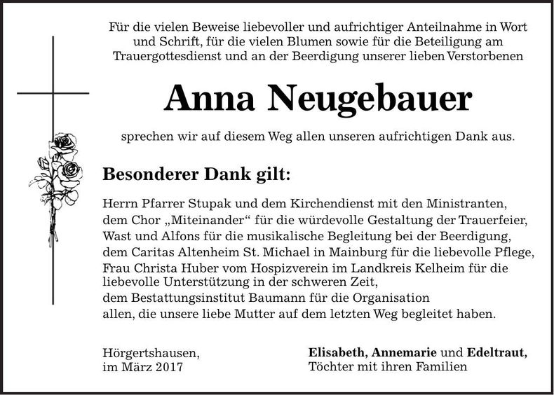 Traueranzeige Anna Neugebauer