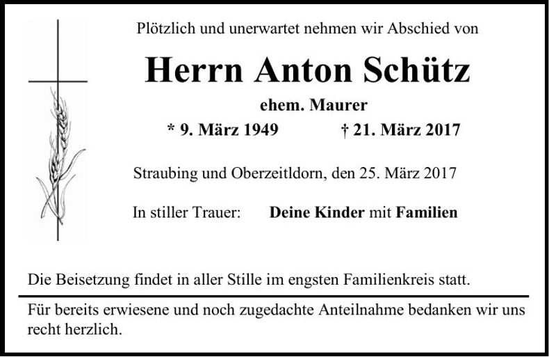 Traueranzeige Anton Schütz