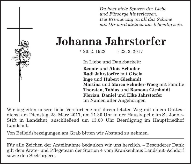Traueranzeige Johanna Jahrstorfer