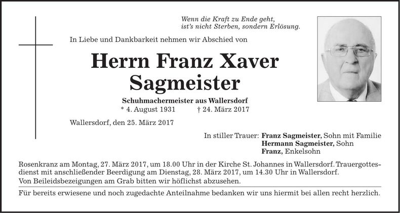 Traueranzeige Xaver Sagmeister