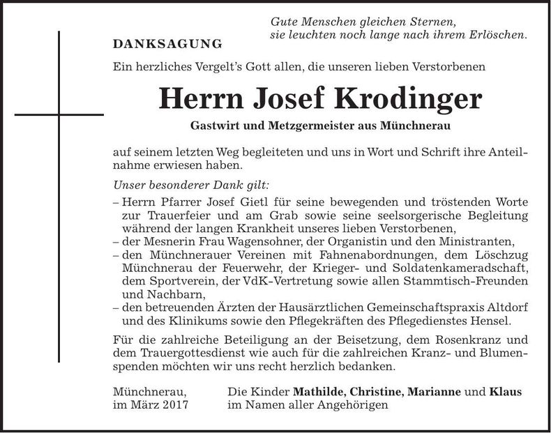Traueranzeige Josef Krodinger