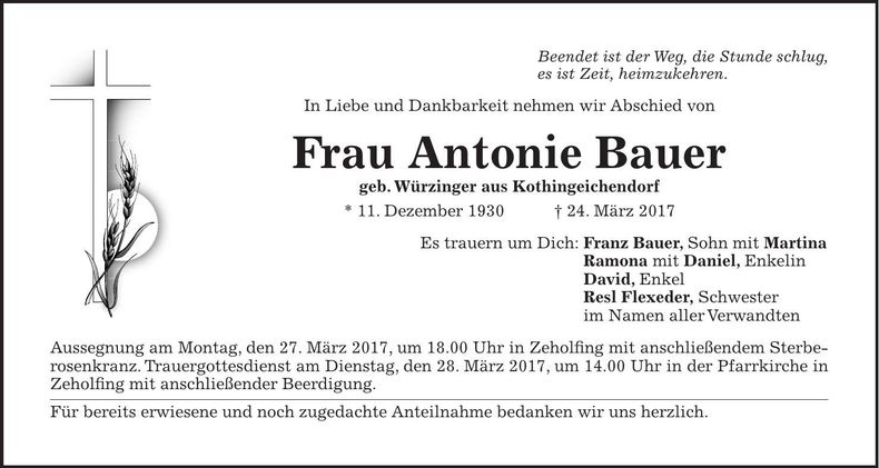 Traueranzeige Antonie Bauer