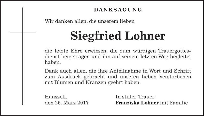 Traueranzeige Siegfried Lohner