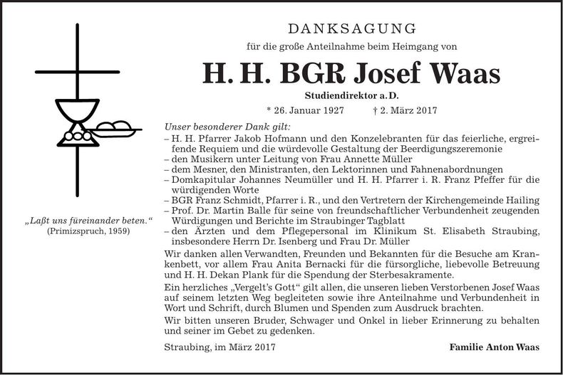 Traueranzeige Josef  H. H. BGR Waas
