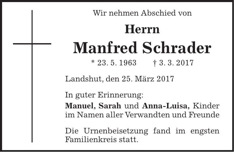 Traueranzeige Manfed Schrader