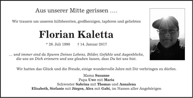 Traueranzeige Florian Kaletta
