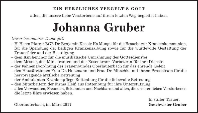 Traueranzeige Johanna Gruberq