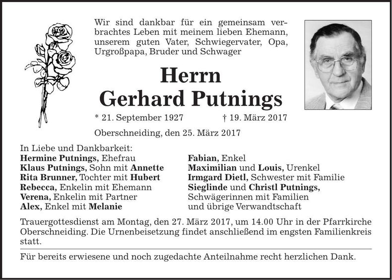 Traueranzeige Gerhard Putnings