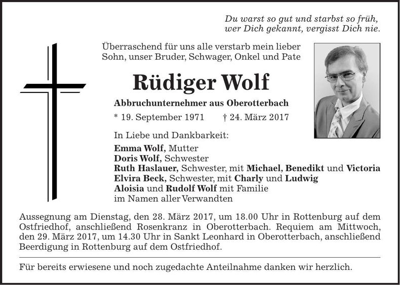 Traueranzeige Rüdiger Wolf