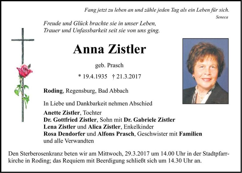 Traueranzeige Anna Zistler