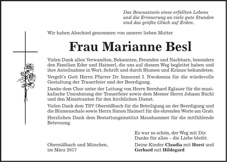 Traueranzeige Marianne Besl