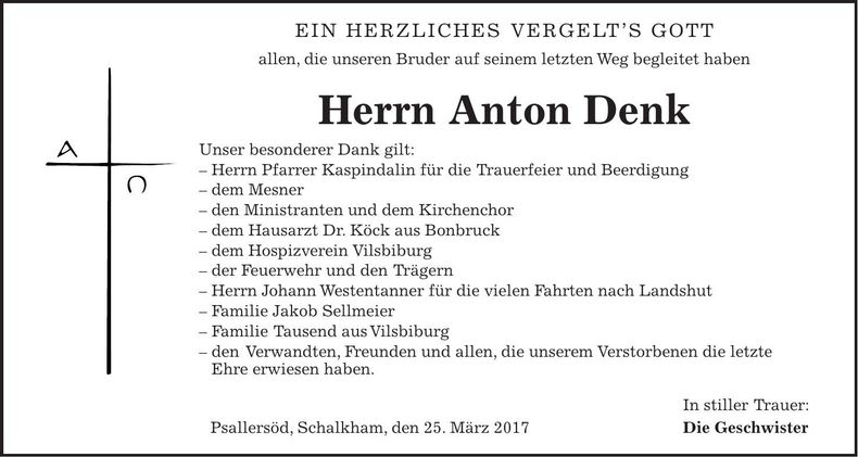 Traueranzeige Anton Denk