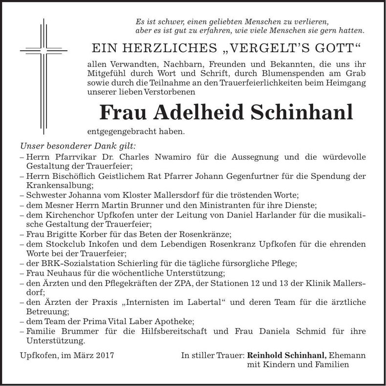 Traueranzeige Adelheid Schinhanl