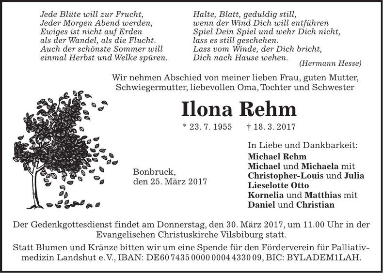 Traueranzeige Ilona Rehm