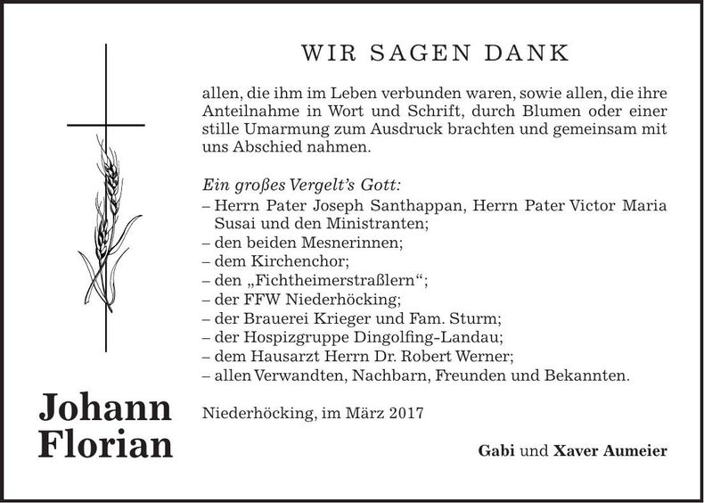 Traueranzeige Johann Florian