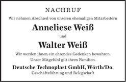 Traueranzeige Walter und Anneliese Weiß