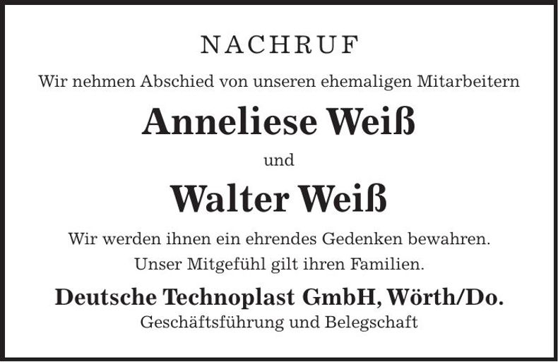 Traueranzeige Walter und Anneliese Weiß