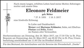 Traueranzeige Eleonore Feldmeier