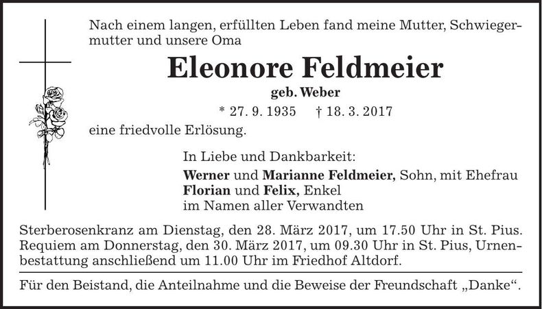Traueranzeige Eleonore Feldmeier