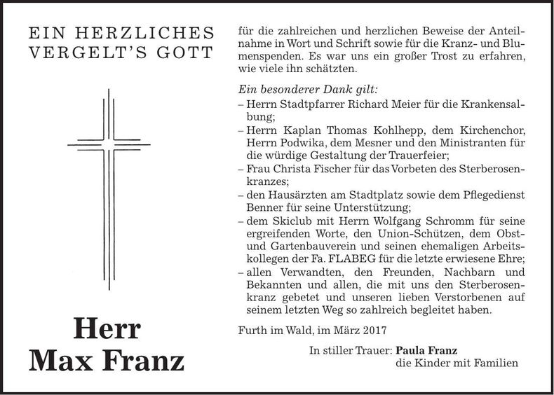 Traueranzeige Max Franz