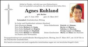 Traueranzeige Agnes Ruhland
