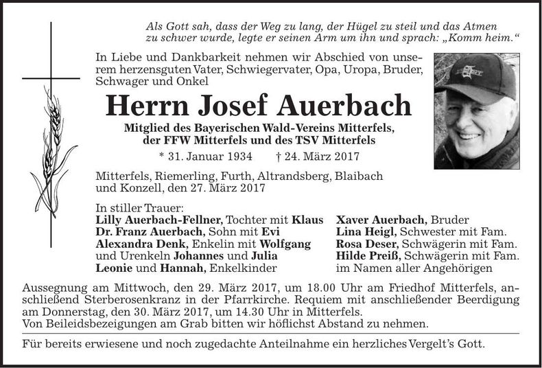 Traueranzeige Josef Auerbach