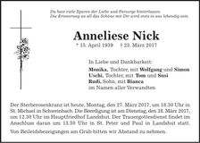 Traueranzeige Anneliese Nick