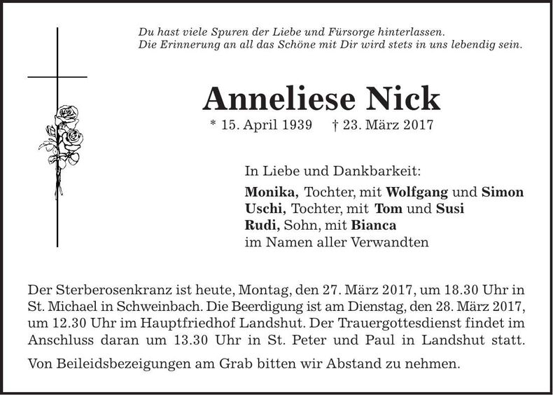 Traueranzeige Anneliese Nick