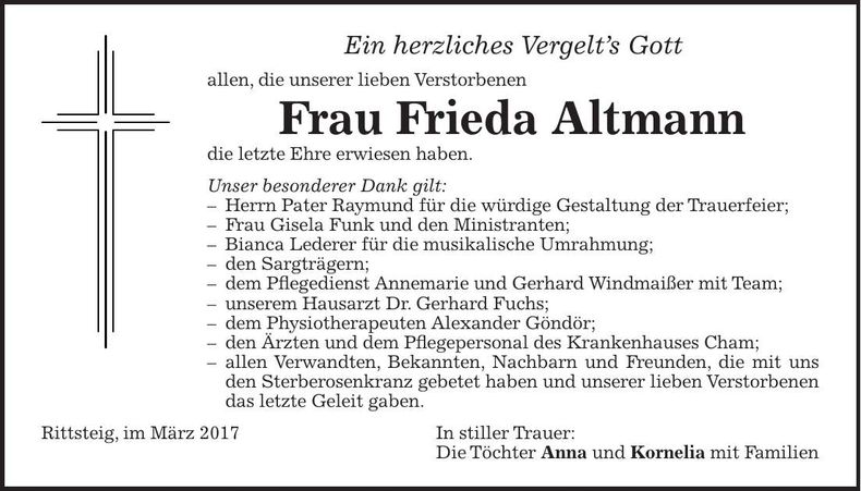 Traueranzeige Frieda Altmann