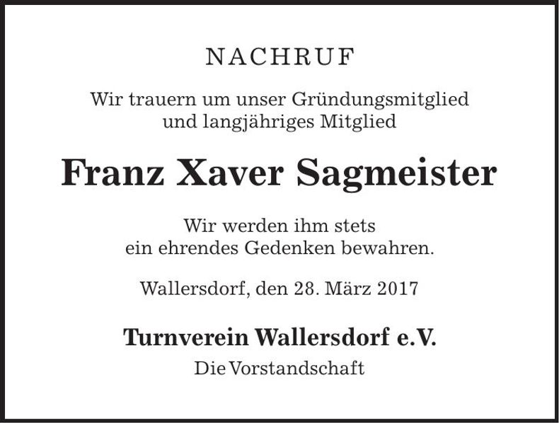 Traueranzeige Franz Xaver Sagmeister