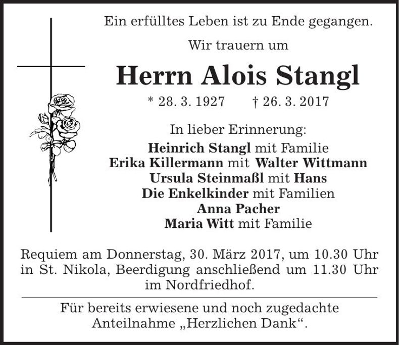 Traueranzeige Alois Stangl