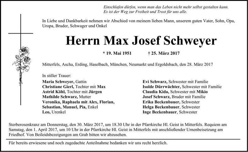 Traueranzeige Max Josef Schweyer