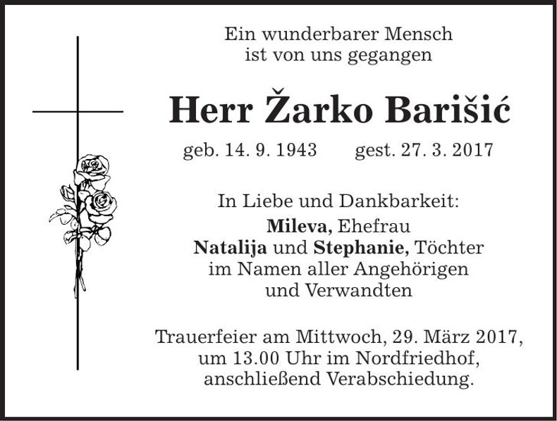 Traueranzeige Zarko Barisic