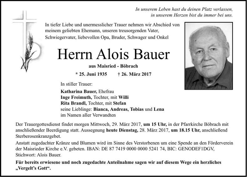 Traueranzeige Alois Bauer