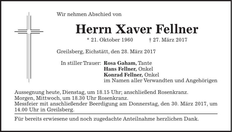 Traueranzeige Xaver Fellner