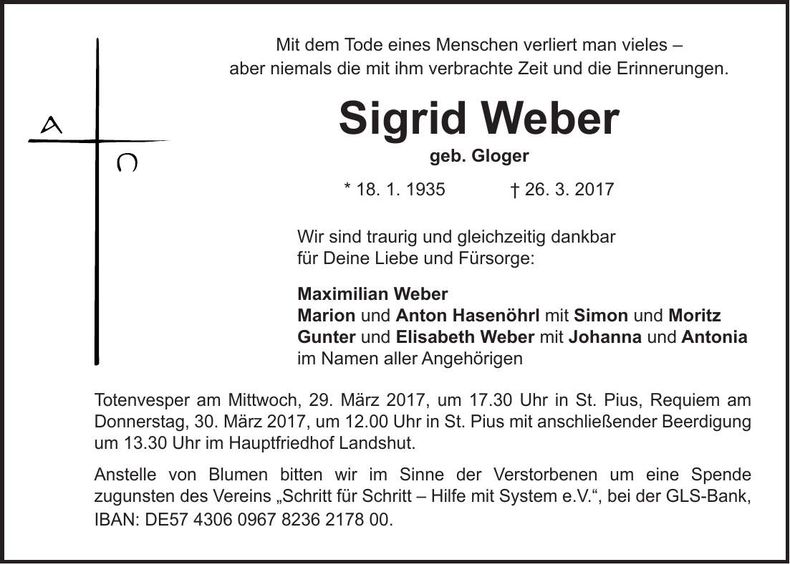 Traueranzeige Sigrid Weber
